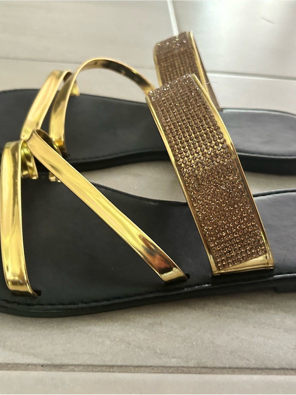NEW Ladies Gold Strap Black Sandals with Crystal Accent